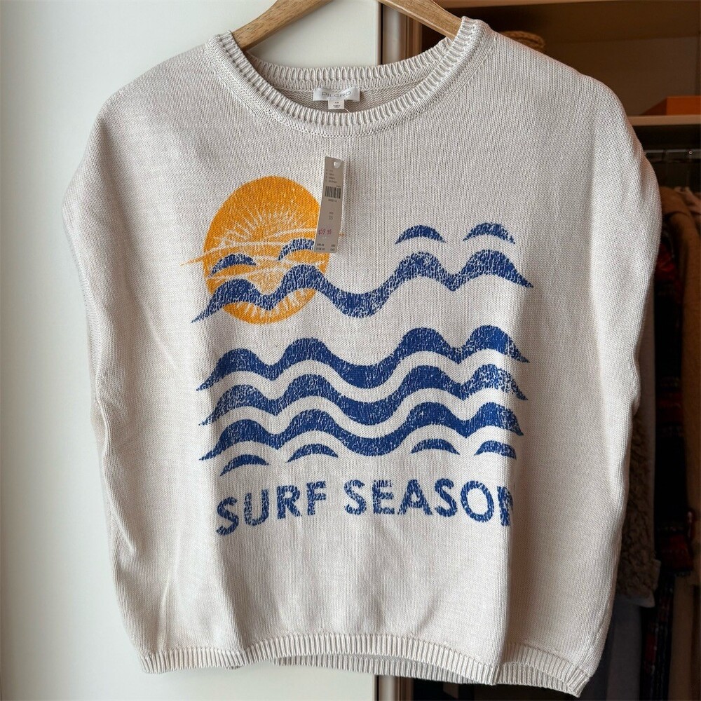 Pilcro Sweater Tank Top Womens XS Ivory Surf Graphic Sleeveless Crew Neck